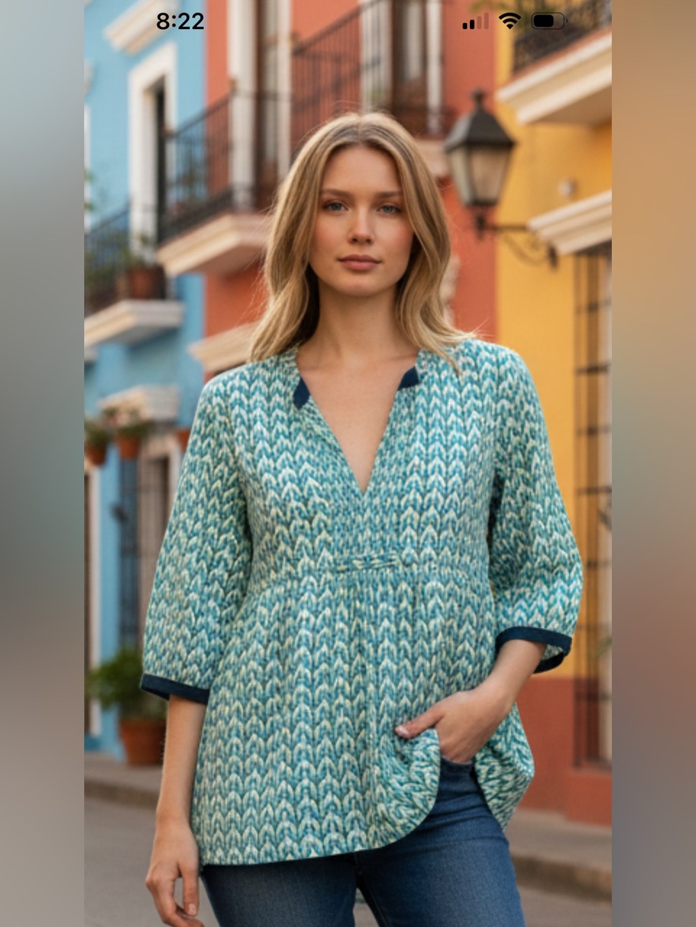 Roberta Roller Rabbit 💯 Cotton Patterned V-Neck Pullover Tunic Blouse